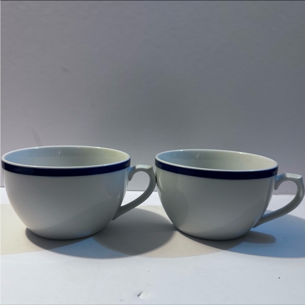 Set of 2 | White Ceramic Williams Sonoma Brasserie Blue Flat Mugs Tea Cups - Picture 3 of 12